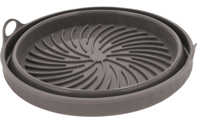 Oggetto piatto rotondo grigio scuro con scanalature rialzate a spirale e due piccoli occhielli sul bordo