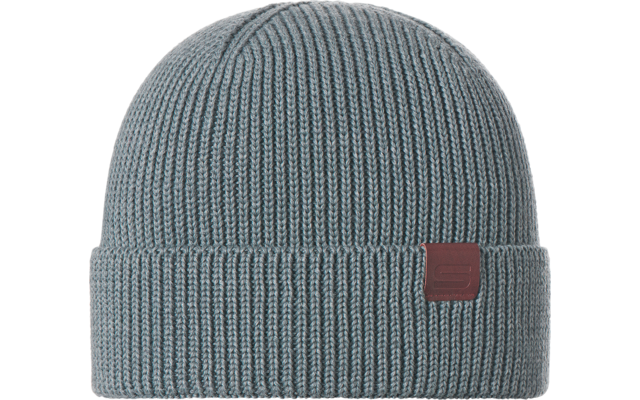 Gestrickte blaue Mütze mit Umschlag und kleinem Lederetikett