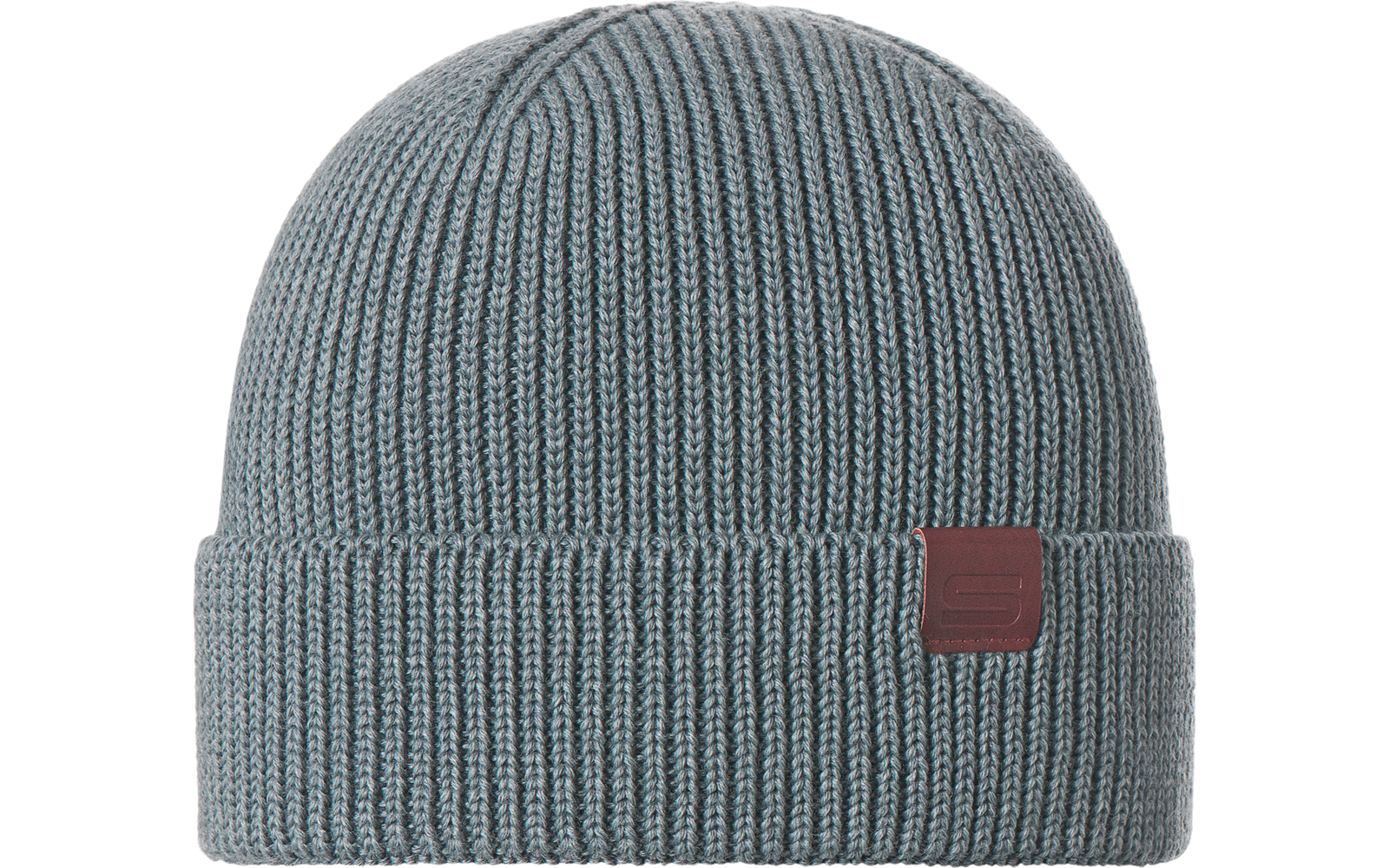 Gestrickte blaue Mütze mit Umschlag und kleinem Lederetikett