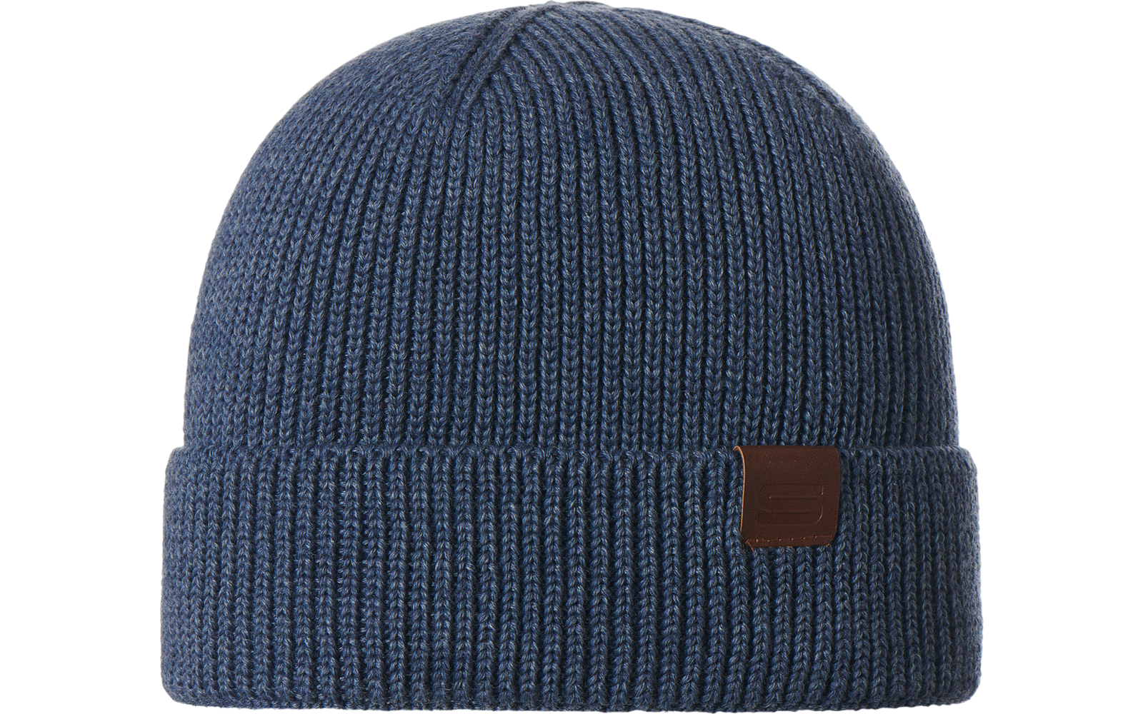 Blaue gestrickte Mütze mit kleinem braunem Lederetikett