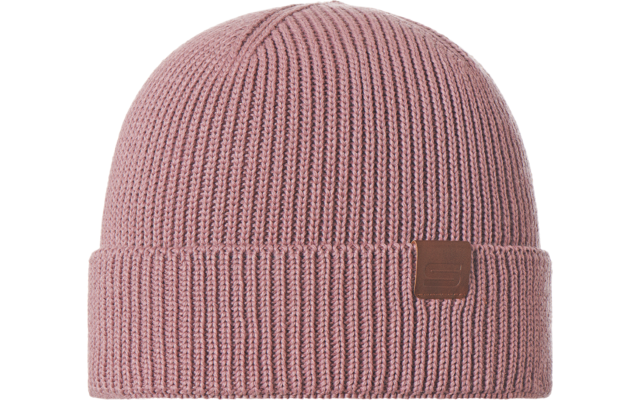Rosa gestrickte Mütze mit kleinem quadratischem Lederetikett