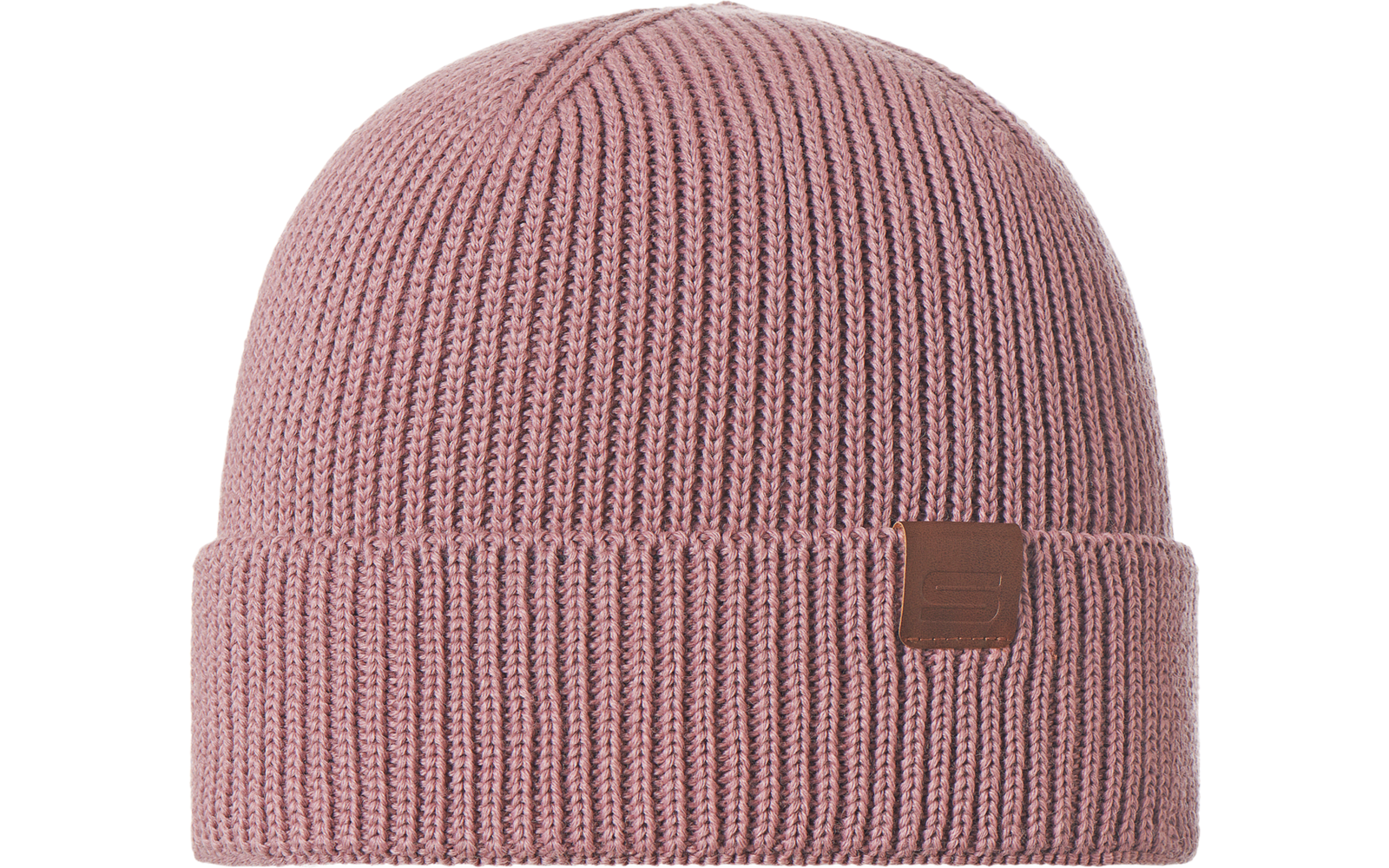 Rosa gestrickte Mütze mit kleinem quadratischem Lederetikett