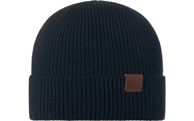 Schwarze gestrickte Wintermütze mit Umschlag und kleinem braunem Lederetikett