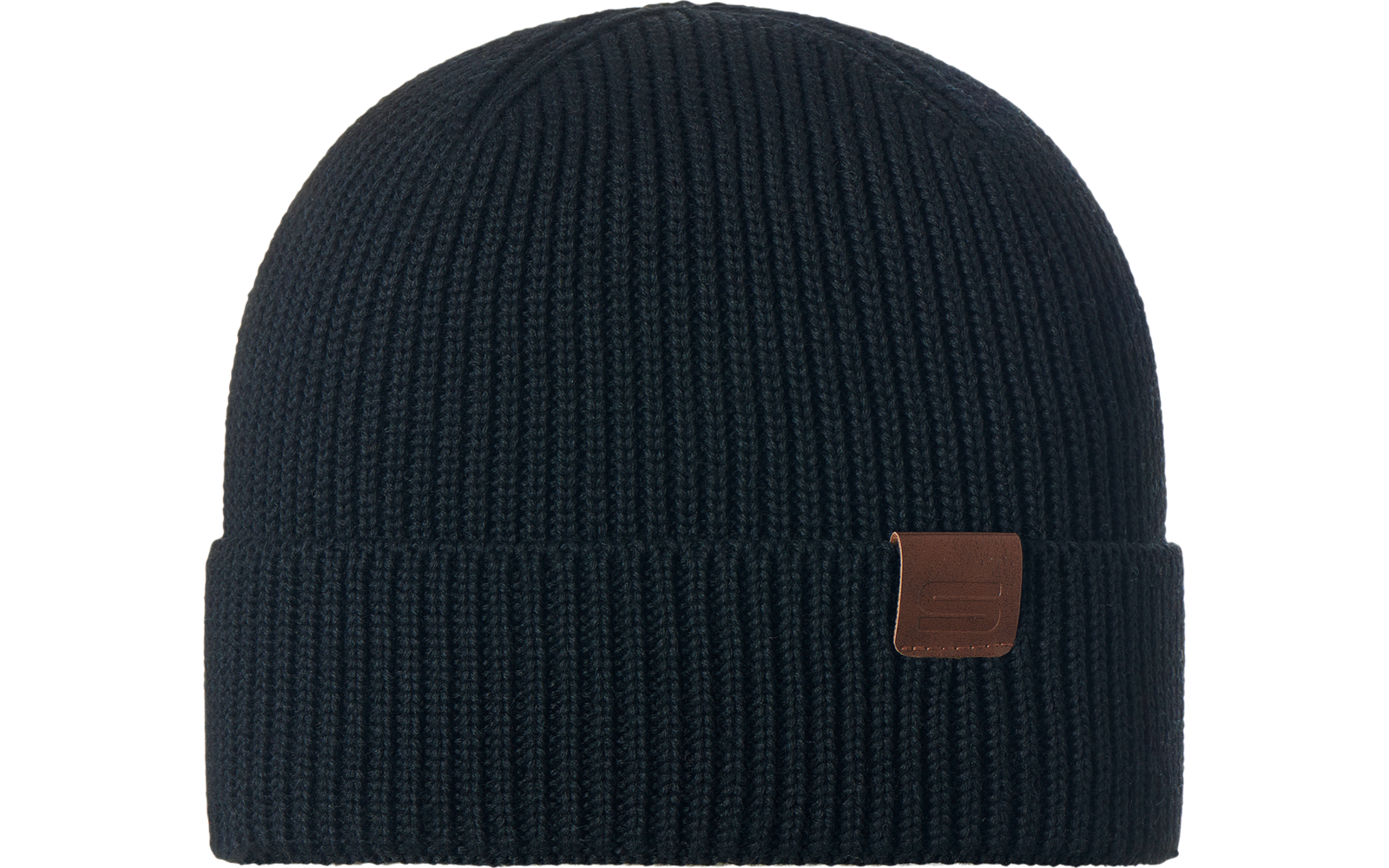 Schwarze gestrickte Wintermütze mit Umschlag und kleinem braunem Lederetikett