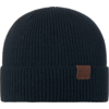 Schwarze gestrickte Wintermütze mit Umschlag und kleinem braunem Lederetikett