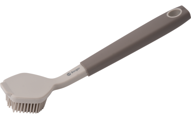 Handbürste mit braun-grauem Griff, hellgrauem Bürstenkopf und weißen Borsten; Griff mit Loch
