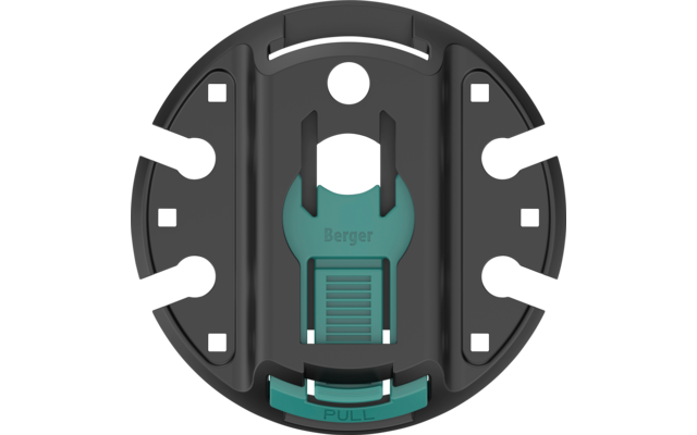 Round black disc with several slots and cutouts, centered teal plastic piece with the text 'Berger' and a lower slider