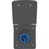 Dunkelgraue offene Schutzklappe mit blauem runden Anschluss und drei Metallkontakten