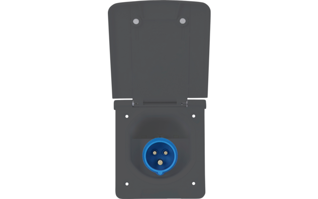Dunkelgraue offene Schutzklappe mit blauem runden Anschluss und drei Metallkontakten