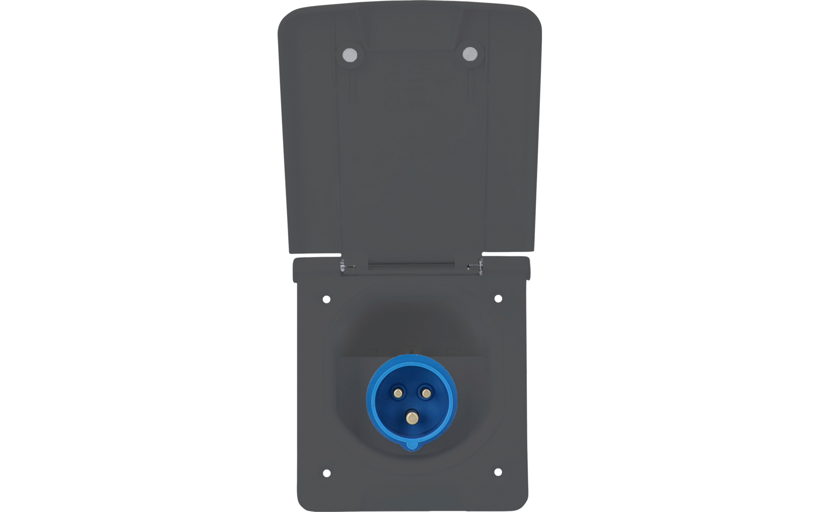 Dunkelgraue offene Schutzklappe mit blauem runden Anschluss und drei Metallkontakten
