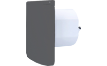 Graue, gebogene rechteckige Frontplatte links, weißer zylindrischer Gehäuseteil rechts, kleine runde Öffnung an der rechten Seite