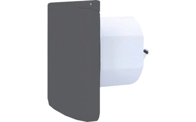 Graue, gebogene rechteckige Frontplatte links, weißer zylindrischer Gehäuseteil rechts, kleine runde Öffnung an der rechten Seite