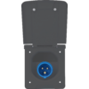Dunkelgraue offene Schutzklappe mit blauem runden Anschluss und drei Metallkontakten