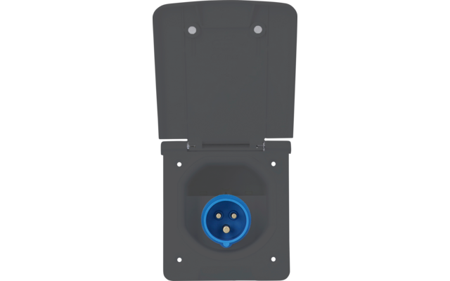 Dunkelgraue offene Schutzklappe mit blauem runden Anschluss und drei Metallkontakten