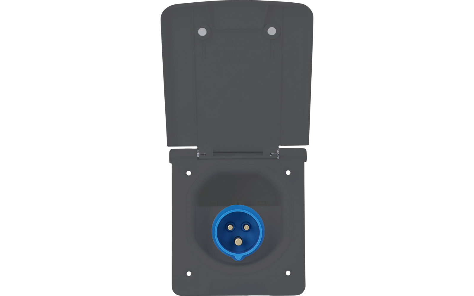 Dunkelgraue offene Schutzklappe mit blauem runden Anschluss und drei Metallkontakten