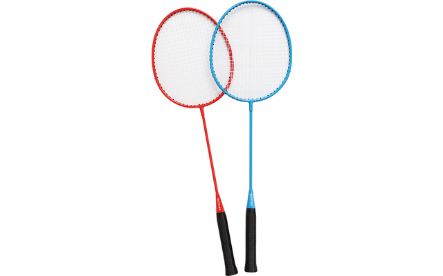 Zwei badmintonschläger, einer mit rotem Griff, einer mit blauem Griff, sich leicht überlappend