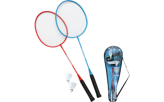 Zwei Badmintonschläger, ein Federball und eine Tragetasche