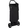 Sac en tissu noir et haut sur deux roues noires, bord supérieur roulé, poignée de transport rembourrée en haut, petit logo 'b' sur le devant