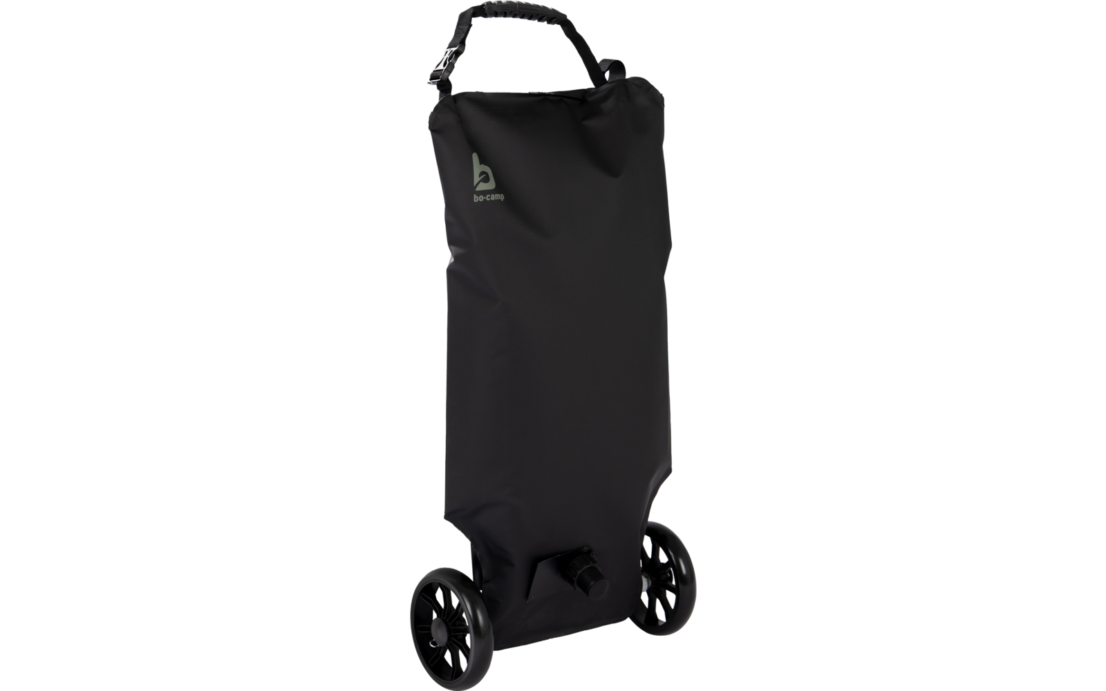 Sac en tissu noir et haut sur deux roues noires, bord supérieur roulé, poignée de transport rembourrée en haut, petit logo 'b' sur le devant