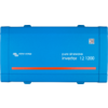 Blauer rechteckiger Kasten mit weißen Texten 'victron energy' und 'pure sinewave inverter 12 1200', orangener horizontaler Streifen und QR-Code oben rechts