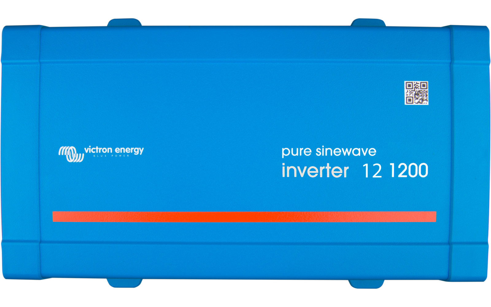 Blauer rechteckiger Kasten mit weißen Texten 'victron energy' und 'pure sinewave inverter 12 1200', orangener horizontaler Streifen und QR-Code oben rechts