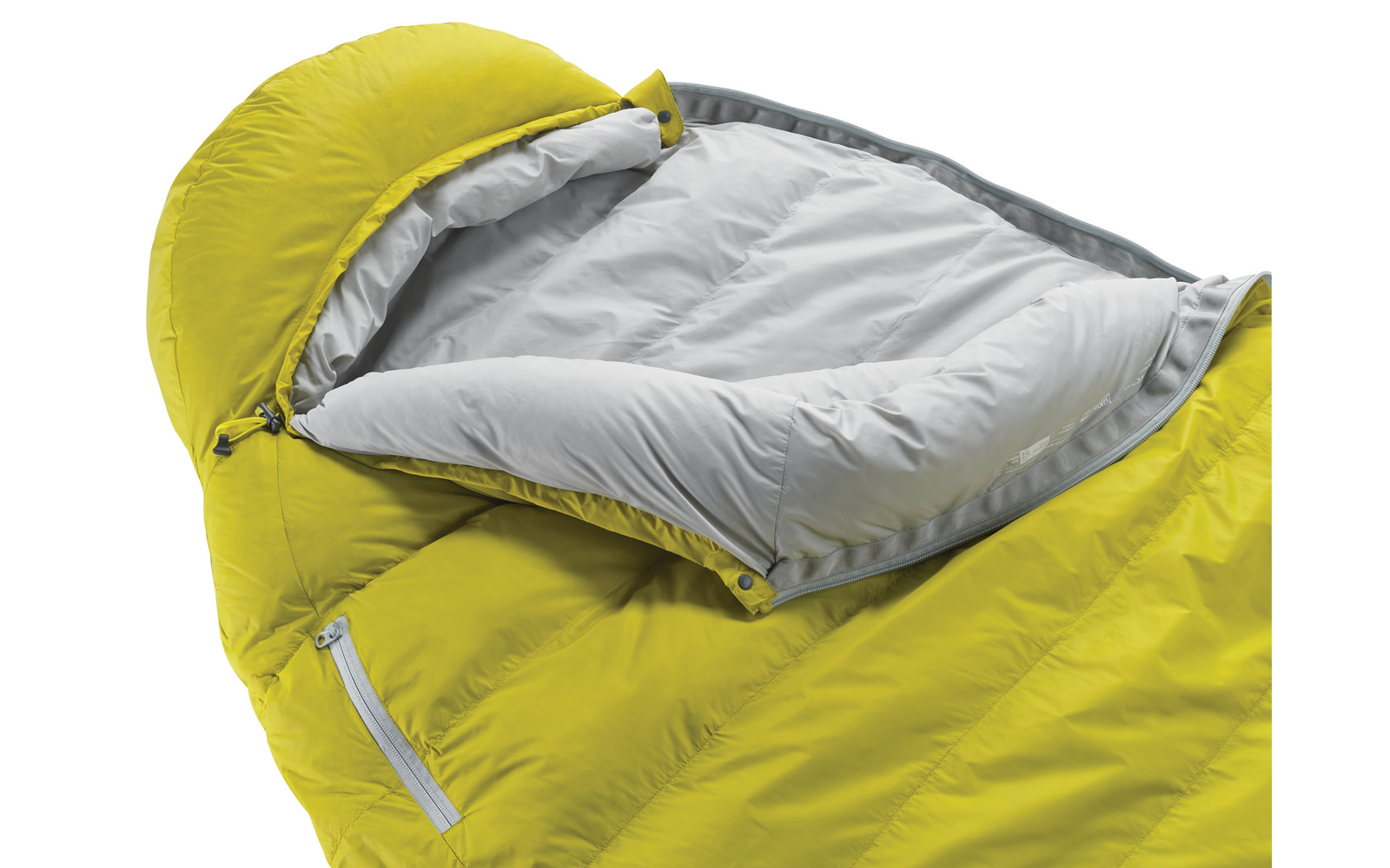 Gelber Schlafsack mit grauem Innenfutter