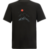 Schwarzes T‑Shirt mit mittiger Grafik: drei übereinander angeordnete Bergumrisse und ein roter Kreis über dem obersten Berg