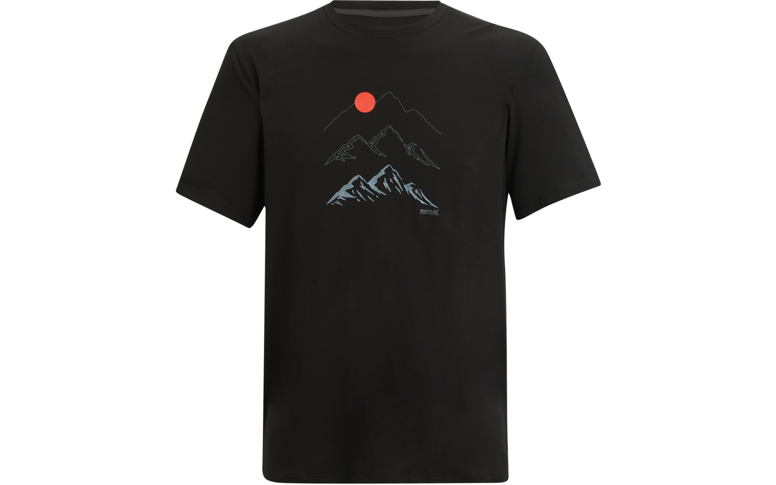 Schwarzes T‑Shirt mit mittiger Grafik: drei übereinander angeordnete Bergumrisse und ein roter Kreis über dem obersten Berg