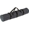 Sac cylindrique gris foncé avec deux poignées supérieures, trois sangles noires avec boucles autour et un bord vert à une extrémité