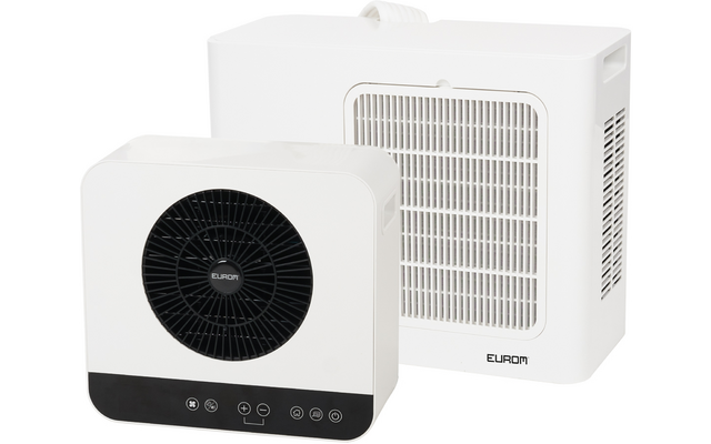 Two white rectangular units; front smaller unit with black circular fan grille and black control panel with icons; rear larger unit with rectangular vent grille and "EUROM" logo