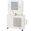 White appliance of two stacked rectangular modules with ventilation grilles; top module with a coiled hose and cable, four small caster wheels underneath, round side outlet, "EUROM" logo