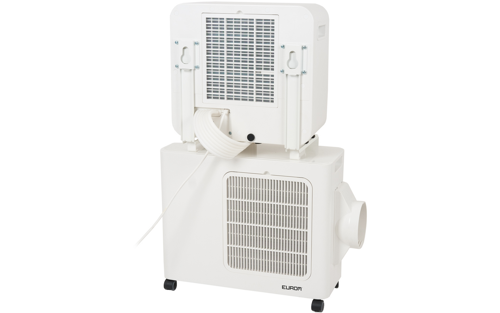 White appliance of two stacked rectangular modules with ventilation grilles; top module with a coiled hose and cable, four small caster wheels underneath, round side outlet, "EUROM" logo