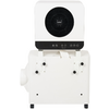 White two-part device; upper section with round black fan grille and central logo; black control strip with symbol buttons; lower section with two black knobs, hose outlet on left and small wheels