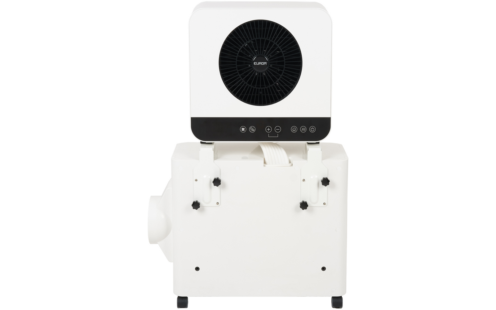 White two-part device; upper section with round black fan grille and central logo; black control strip with symbol buttons; lower section with two black knobs, hose outlet on left and small wheels