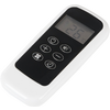 White remote control with black front panel, LCD display showing "26 °C" and small crescent moon symbol, six round buttons with symbols: power, plus, minus, speaker with waves, fan, clock