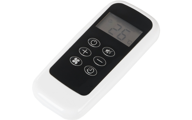 White remote control with black front panel, LCD display showing "26 °C" and small crescent moon symbol, six round buttons with symbols: power, plus, minus, speaker with waves, fan, clock