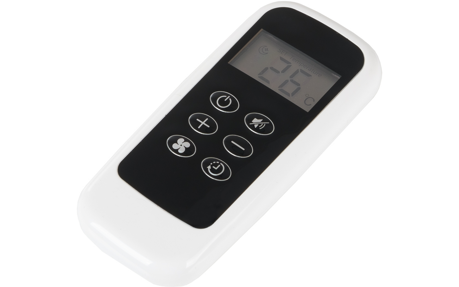 White remote control with black front panel, LCD display showing "26 °C" and small crescent moon symbol, six round buttons with symbols: power, plus, minus, speaker with waves, fan, clock
