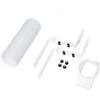 Rolled white flexible hose, two white L-shaped brackets with black clips, several black plastic fasteners, and a white rectangular frame with a round cutout on a white background