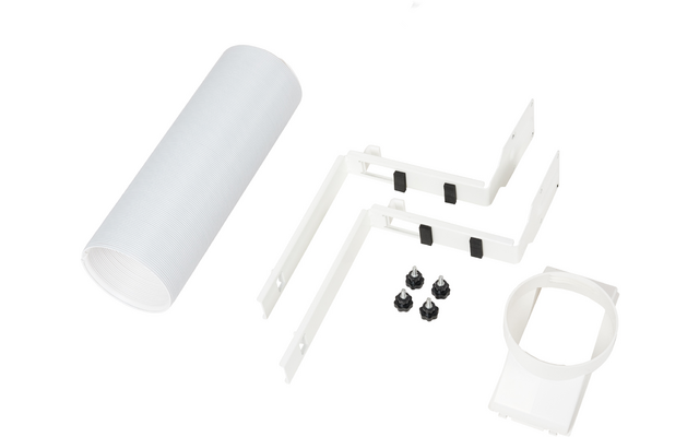 Rolled white flexible hose, two white L-shaped brackets with black clips, several black plastic fasteners, and a white rectangular frame with a round cutout on a white background