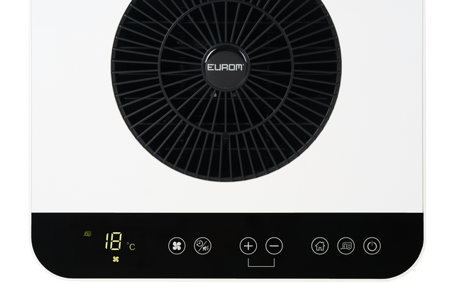Black circular fan grille with EUROM logo; below, black control panel with yellow '18 °C' display and multiple touch icons