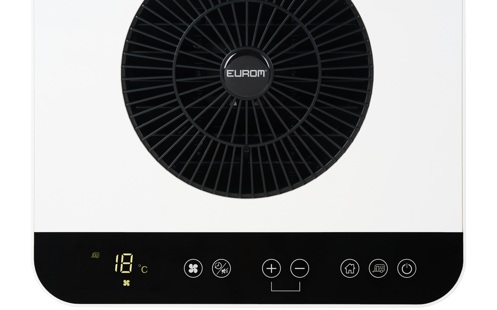 Black circular fan grille with EUROM logo; below, black control panel with yellow '18 °C' display and multiple touch icons