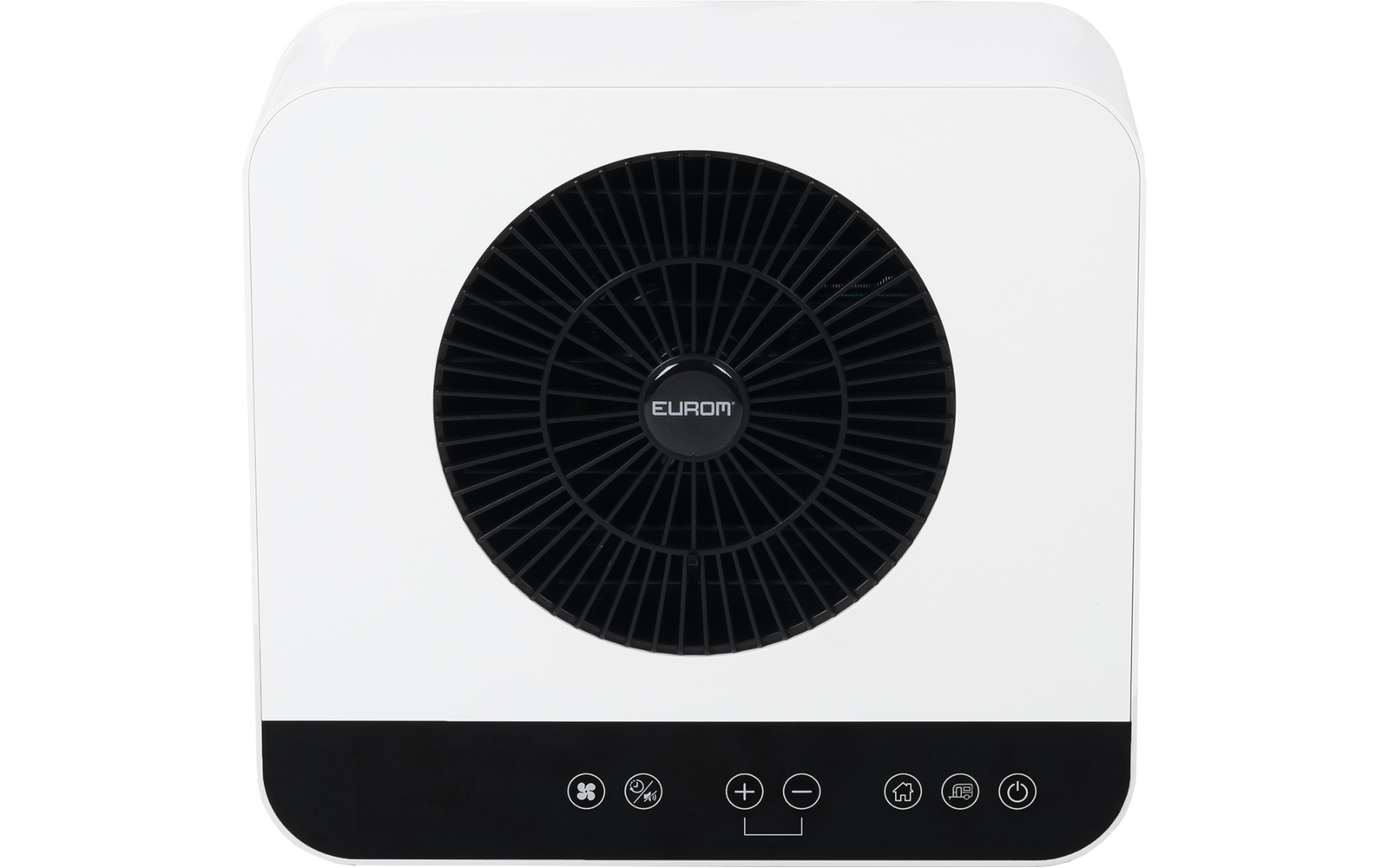 White square housing with a central round black grille, small round badge reading EURON in the center, black strip with symbol buttons along the bottom