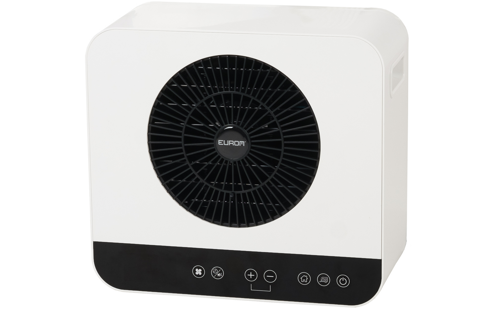 White square device with rounded corners, black circular grille in the center showing the 'EUROM' logo, and a black control strip at the bottom with white symbols