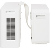 Two white rectangular housings side by side, left larger with vertical ventilation slats, right smaller; a flat white curved connecting duct joins them; both housings show a rectangular recessed opening