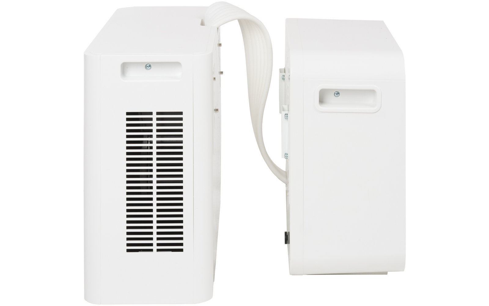 Two white rectangular housings side by side, left larger with vertical ventilation slats, right smaller; a flat white curved connecting duct joins them; both housings show a rectangular recessed opening