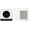 Two white rectangular units side by side, left unit with round black fan grille and black control strip with icons, right unit with rectangular vent grille, both connected by a white flexible duct