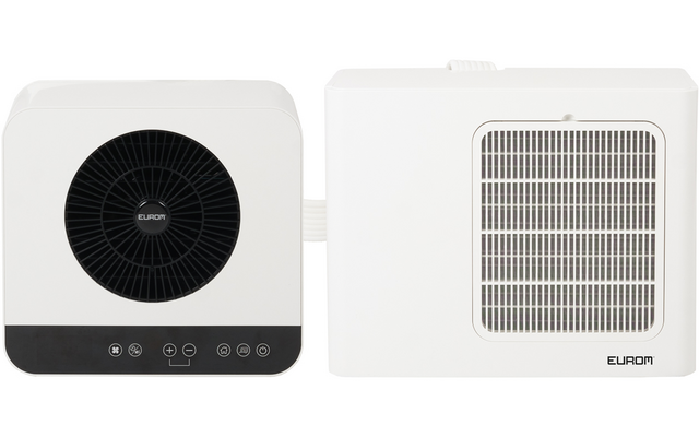 Two white rectangular units side by side, left unit with round black fan grille and black control strip with icons, right unit with rectangular vent grille, both connected by a white flexible duct