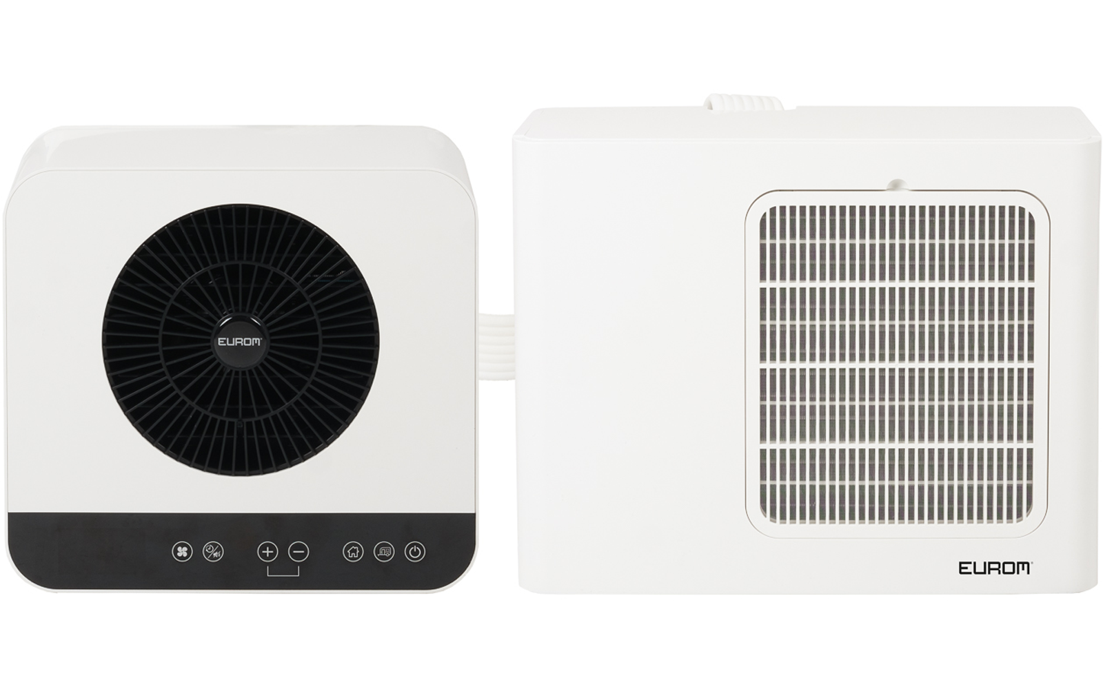 Two white rectangular units side by side, left unit with round black fan grille and black control strip with icons, right unit with rectangular vent grille, both connected by a white flexible duct