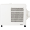 White rectangular appliance with rectangular front grille, two wheels at the bottom, round side outlet and "EUROM" inscription