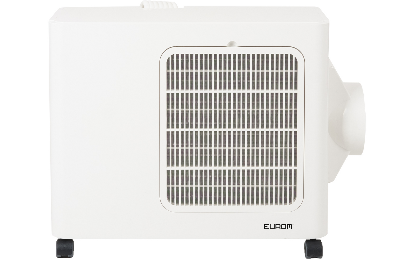 White rectangular appliance with rectangular front grille, two wheels at the bottom, round side outlet and "EUROM" inscription